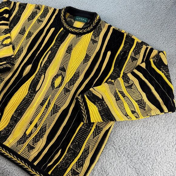 Tundra Canada Vintage Sweater Size 2X Yellow Black 3D Knit Biggie Coogi-Style - Picture 1 of 12